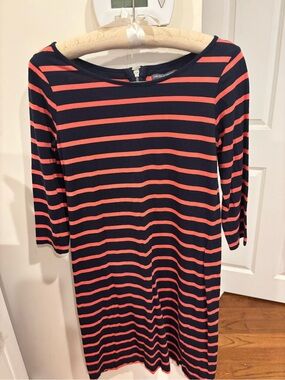 Chelsea & Theodore Navy and Orange Striped Midi Dress